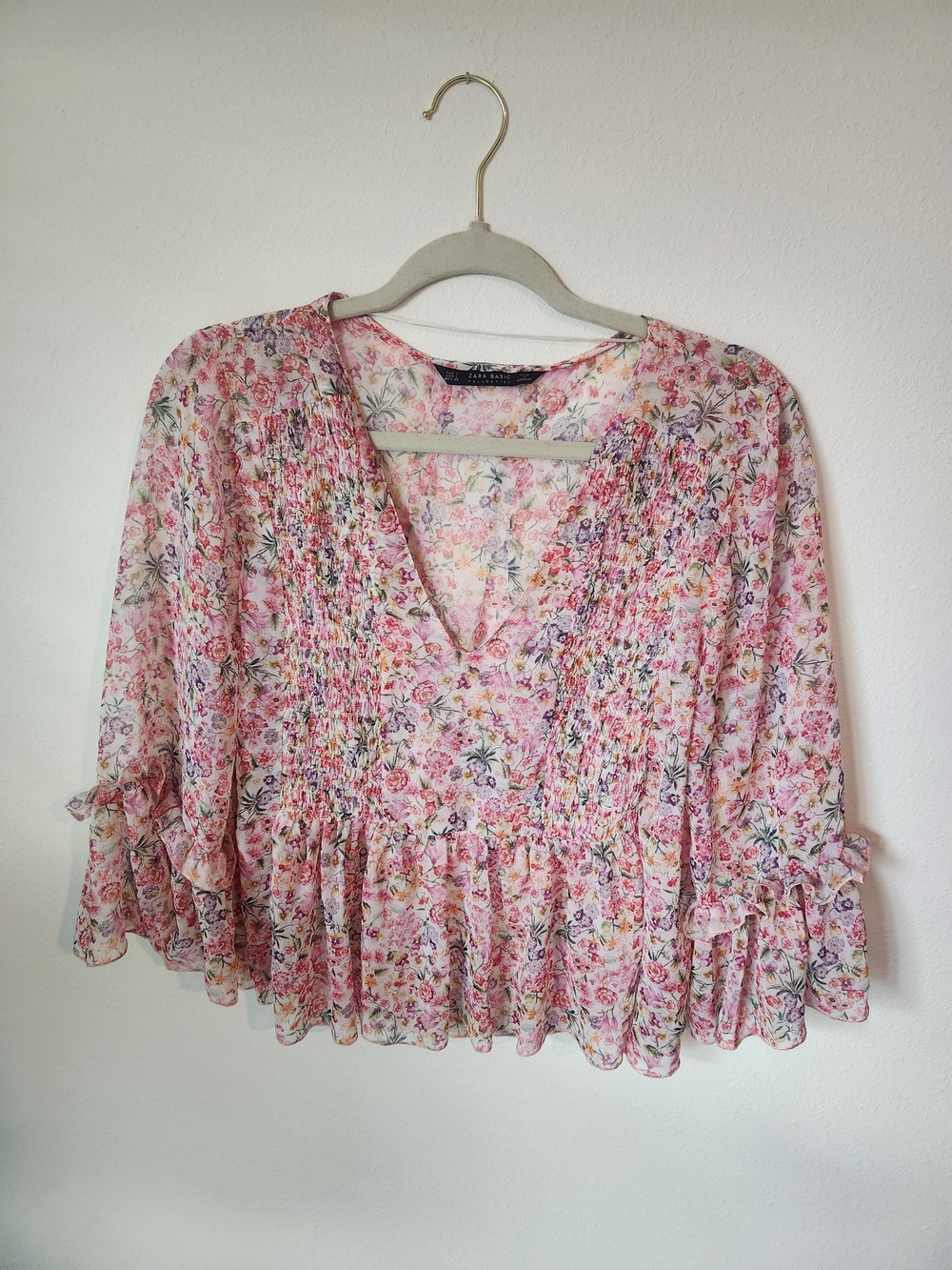 Zara Sheer Floral Smocked Peplum Blouse Ruffle Bell Sleeve Top